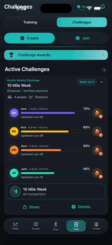 Ruckly challenges with team standings and invite links