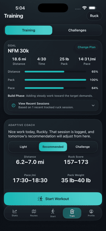 Ruckly training plan and Adaptive Coach for an event