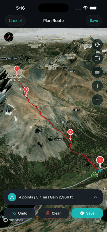 Ruckly route planner on a 3D satellite map