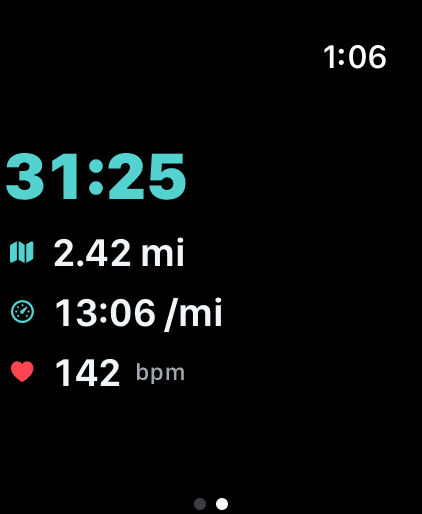 Ruckly Apple Watch companion showing live elapsed time, distance, pace, and heart rate