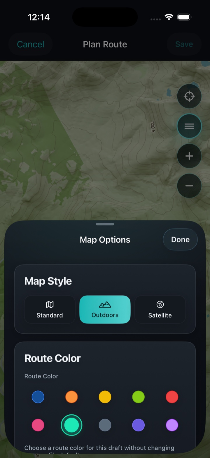 Ruckly map style picker showing Standard, Outdoors, and Satellite
