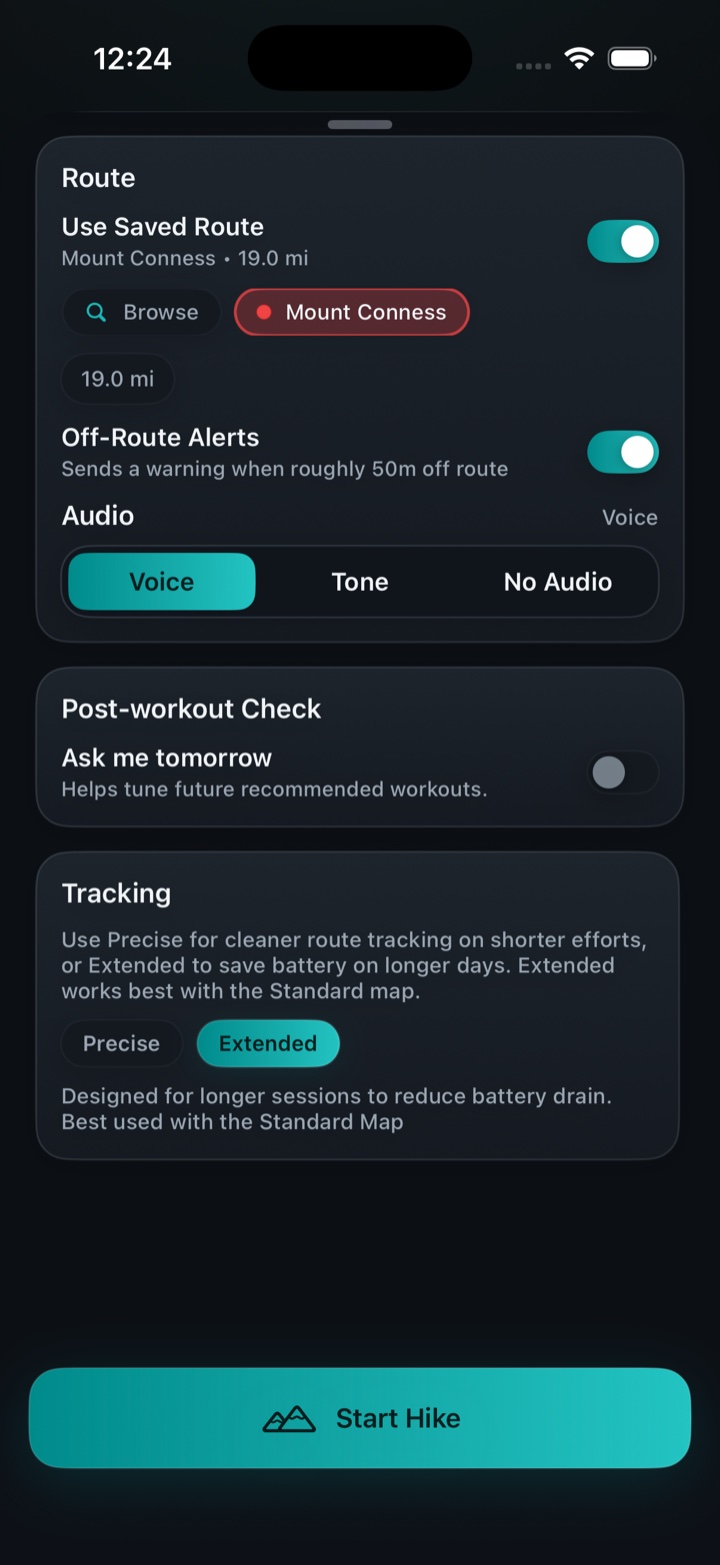 The Ruckly Start screen with a saved route selected and off-route alerts enabled
