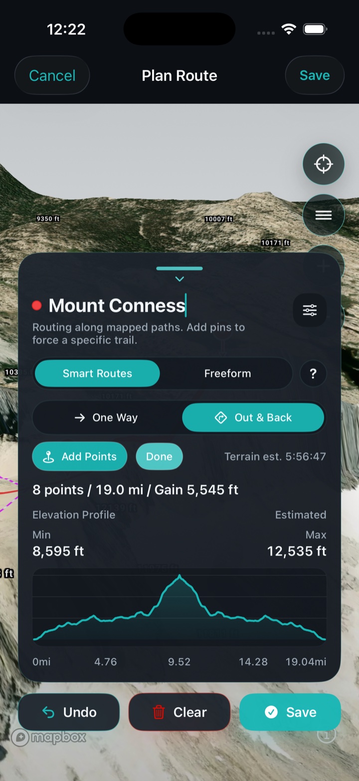 Ruckly route planner showing Smart Routes, Freeform, One Way, Out & Back, distance, gain, and an elevation profile