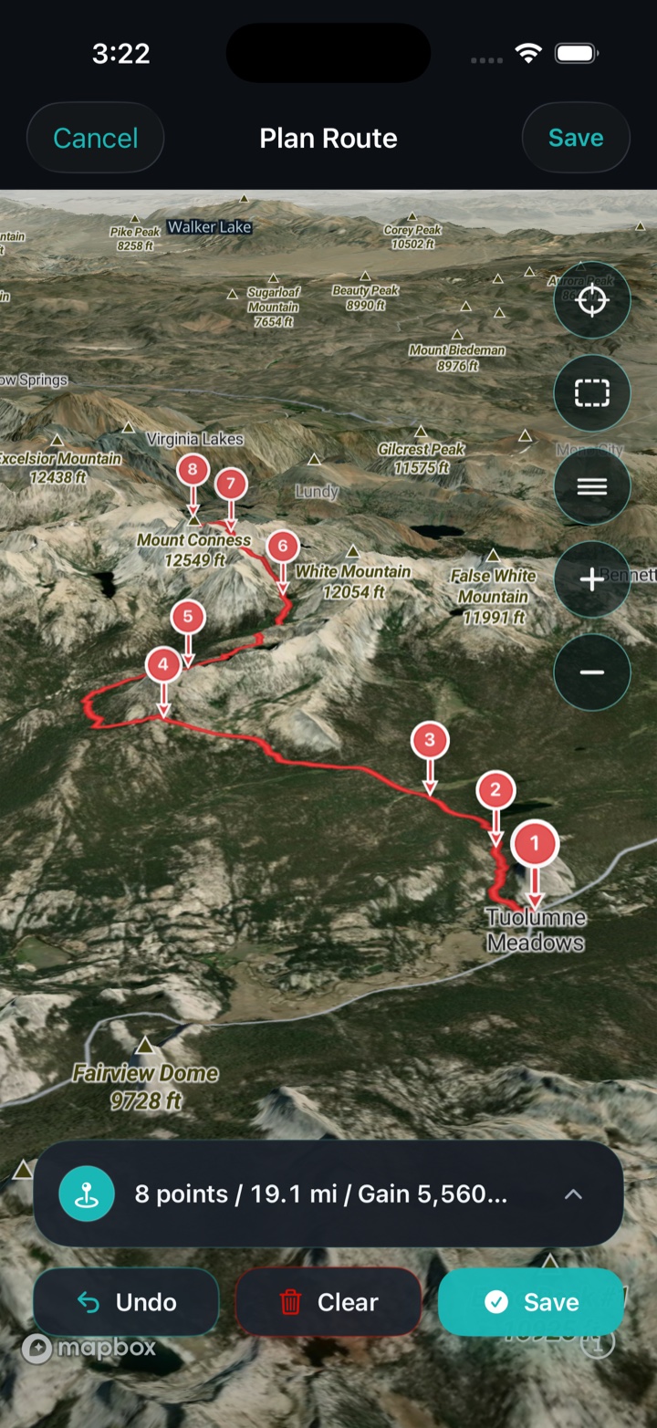 A multi-stop mountain route planned in 3D satellite terrain in Ruckly