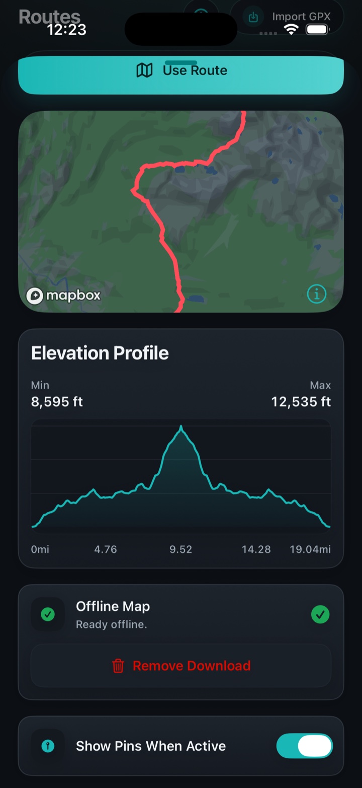 A saved route in Ruckly with its elevation profile and an offline map download