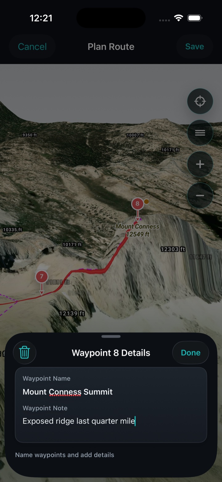 3D satellite terrain view of a mountain route in Ruckly
