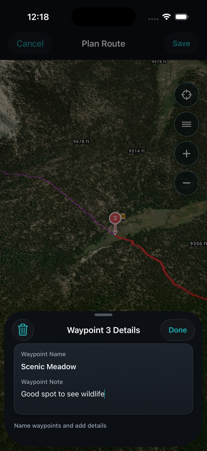 A named waypoint with notes on a planned route in Ruckly